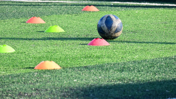 istock artificial green grass soccer field with training cone and ball 2147667981