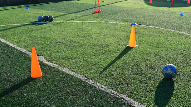istock artificial green grass soccer field with training cone and ball 2147667993