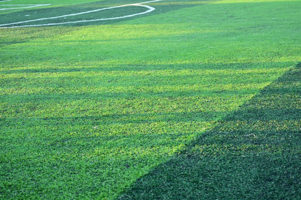 istock artificial green grass soccer field with sunlight, training football yard 2147668008