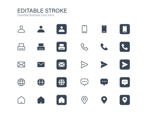 simple business card icons: name, phone, cellphone, fax, mail, web, chat, address, location essential name card icon set. editable stroke vector illustration lots of email stock illustrations