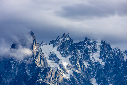Tour du Montblanc beautiful mountain peaks and green valley. TMB trekking route scenic landscape in italian, swiss and french Alps in Chamonix valley alpine scene