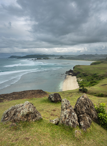 Scenic panoramic view of a famous Kuta Bay in Lombok island as seen from Bukit Merese hill