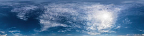 istock Blue summer sky panorama with light Cirrus clouds. HDR 360 seamless spherical panorama. Full zenith or sky dome for 3D visualization, sky replacement for aerial drone panoramas. 2147670314