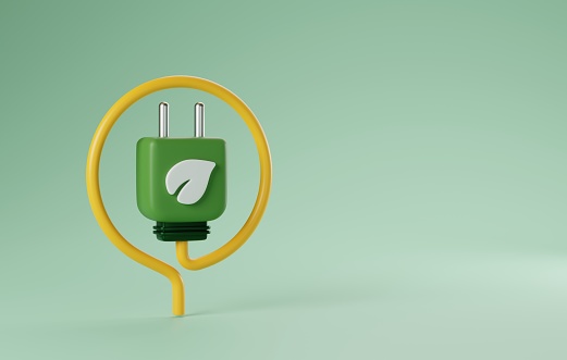 Green energy featuring an electric plugin and leaf icon. Ideal for conveying eco-friendliness and natural power concepts. 3D render illustration