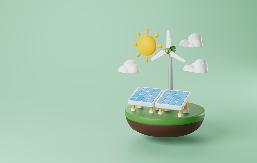 Future featuring solar and wind energy icons. Ideal for eco-conscious concepts, emphasizing sustainable living and renewable energy sources. 3D render illustration