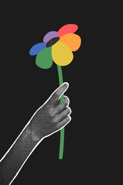 istock Trendy halftone collage on dark background. Hand holding a flower with LGBT emblem. Gender, diversity, unity concept. Vector flat illustration for poster 2147671770