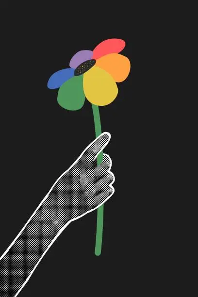 Vector illustration of Trendy halftone collage on dark background. Hand holding a flower with LGBT emblem. Gender, diversity, unity concept. Vector flat illustration for poster