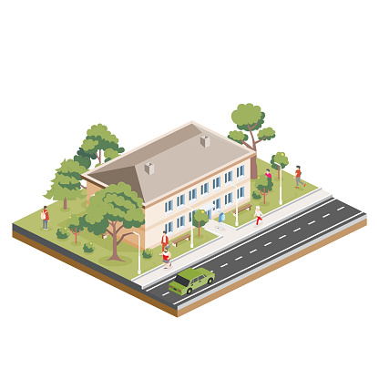 Isometric residential two storey building with people, road and trees. Icon or infographic element. Vector illustration. City home. Architectural symbol isolated on white background. 3D object.