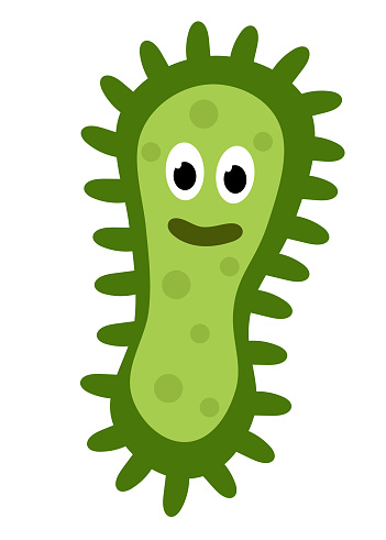 Cute cartoon green character bacteria, microbe, germ. Microbiology organism. Mascot expressing emotion. Vector children illustration in flat design.