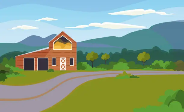 Vector illustration of Rural landscape with farm house