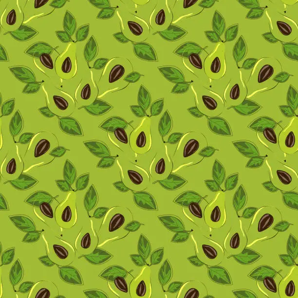 Vector illustration of Ripe, juicy avocado cut with leaves, seamless geometric pattern