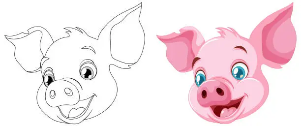 Vector illustration of Black and white sketch beside colored pig