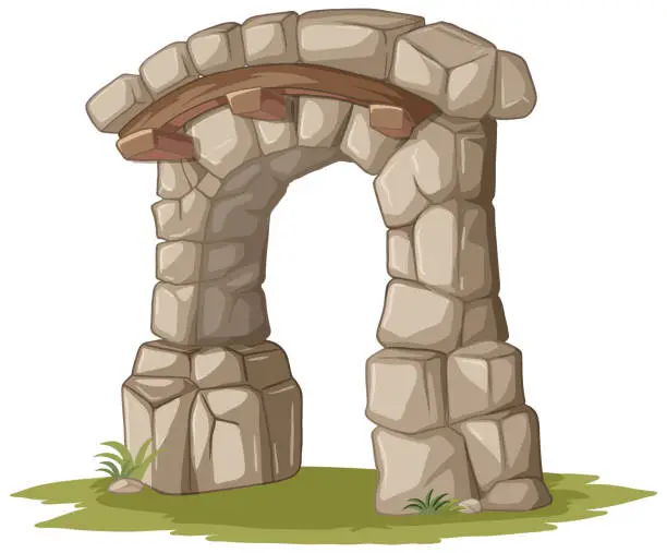 Vector illustration of Cartoon illustration of a stone arch on green grass.