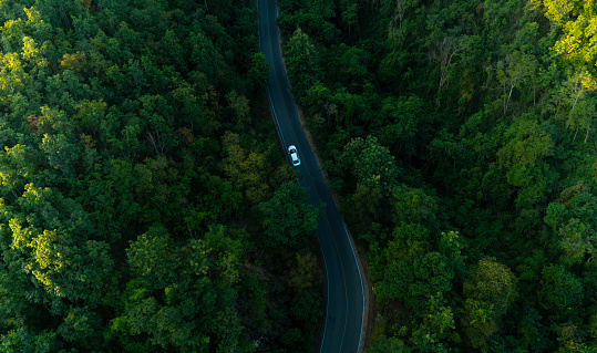 Aerial view of road and dark green pine forest. Natural landscapes and elevated traffic roads Adventure travel and environmental transportation concept