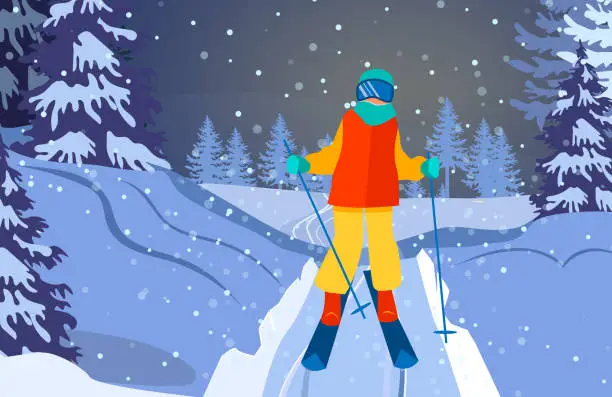 Vector illustration of Person practicing skiing in winter forest