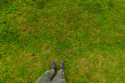 legs in military style green pants and boots on green grass background, high angle view