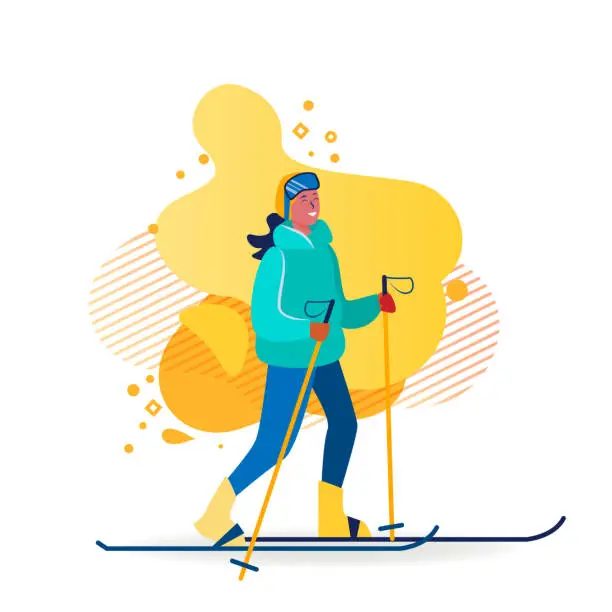 Vector illustration of Happy woman enjoying skiing