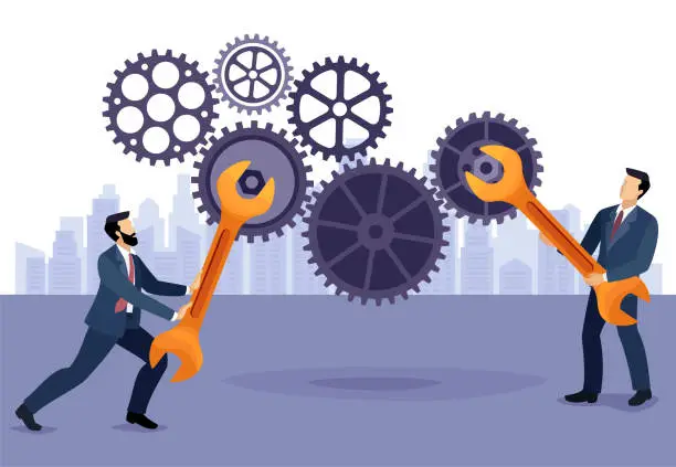 Vector illustration of Two Businessmen with wrenches adjust spiked wheels. Business concept.