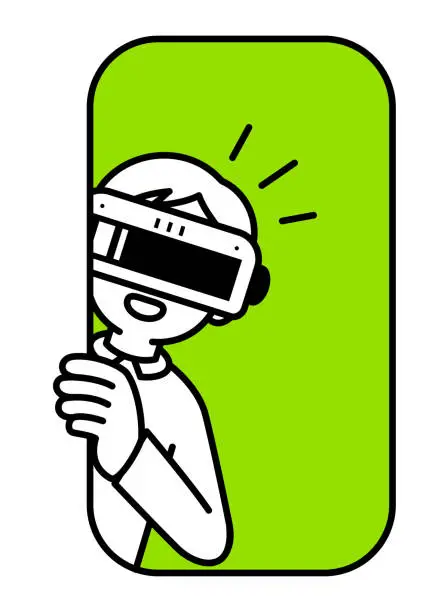 Vector illustration of A boy wearing a virtual reality headset or VR glasses pops out of a virtual hole and into the metaverse, he looks at the viewer through the arc window or door, minimalist style, black and white outline