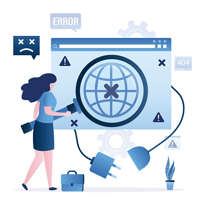Woman user holds magnifying glass and search internet connection. Browser window with plug pulled out of socket. Concept of server error, website is unavailable, access denied. vector illustration