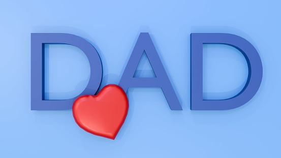 3D rendering of red heart and DAD letters in the blue background