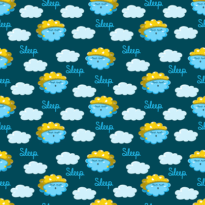 Cute vector seamless pattern with baby character sleeping cloud in nightcap on clouds background and lettering sleeping. Night sky for textiles and paper, scrap.