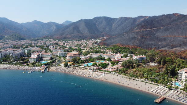 aerial view of the destruction of nature after the major forest fires in marmaris in 2021 and 2022. icmeler marmaris mugla turkey - icemeler imagens e fotografias de stock
