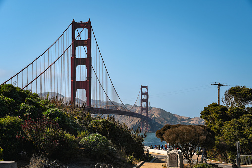 View of the Golden Gate Bridge from a famous viewpoint in the Presidio of San Francisco.