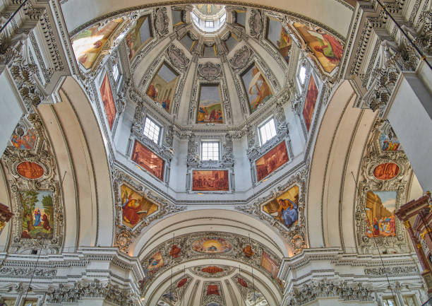 Salzburg, Austria -  October 5, 2022.:The nave ceiling of the Salzburgher Dom (Salzburg Cathedral dedicated to St Rupert an St Vergilius)