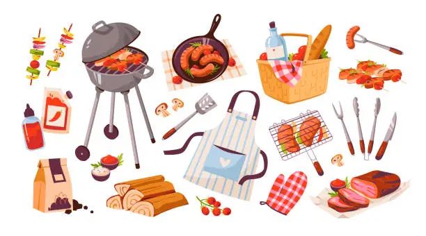 Vector illustration of BBQ set. Barbecue picnic with grilled meat, sausages and vegetables. Grilled food for summe party. Vector illustration