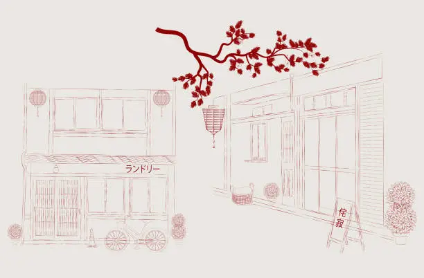 Vector illustration of Japanese street sketch with cute houses