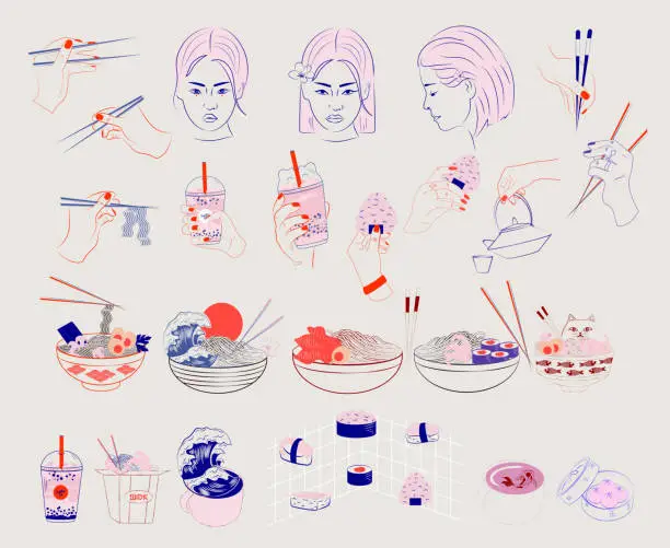 Vector illustration of Asian food and drink collection, wok, ramen, noodle soup, sushi, onigiri, dimsum, bubble tea, matcha tea. Beautiful asian girls face.