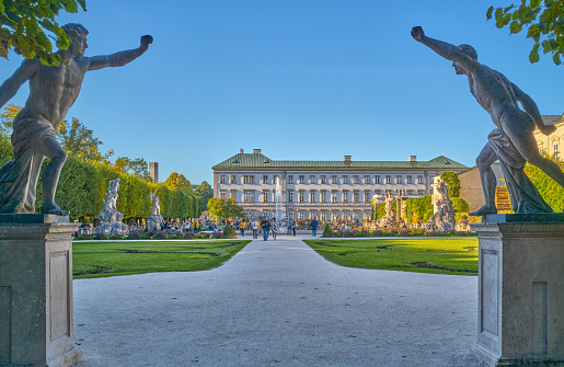 Salzburg, Austria -  October 4, 2022. The pair of statues placed at the entrance of the Mirabell palace and garden