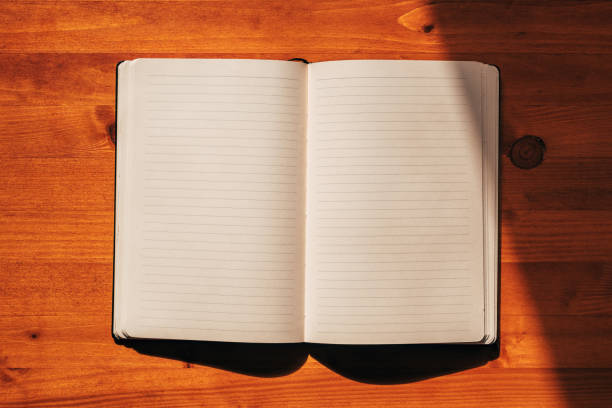 Top view of open notebook with blank pages with lines, mockup copy space journal on the desk, directly above