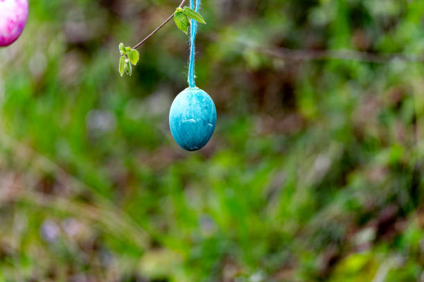 Close-up of colorful painted easter egg hanging form branch of bush at Swiss City of Zürich. Photo taken April 8th, 2024, Zurich, Switzerland.