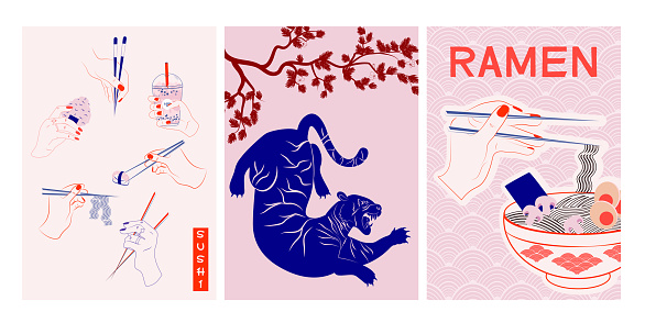 Aesthetic asian illustration with street food,ramen, sushi,  tiger illustration. Interior wall art, poster. Editable vector illustration.