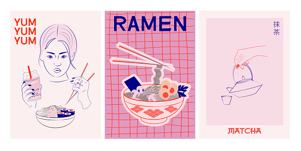 Aesthetic asian illustration street food, wok, ramen, sushi, matcha tea. Interior wall art, poster. Editable vector illustration.