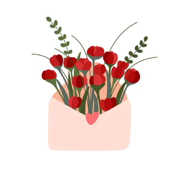 Vector illustration of Flowers in an envelope. Floral mail. Happy Valentine's Day, Mother's Day, Birthday. Bouquet of spring flowers inside the envelope. Flat design. Plants gift. Spring summer congratulation concept