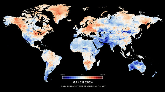 World Map Land Surface Temperature Anomaly March 2024. Miller Cylindrical Projection.
Land surface temperature anomalies for the month of March 2024 compared to the average conditions during that period between 2001-2010.
All source data is in the public domain.
Color texture: MODIS Terra satellite data courtesy of NASA Earth Observations. 
https://neo.gsfc.nasa.gov/view.php?datasetId=MOD_LSTAD_M