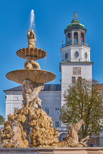 Salzburg, Austria, the Carillon tower and the Horse fountain in Residence square