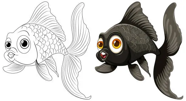 Vector illustration of Vector illustration of a goldfish, black and white to color