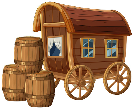 Cartoon of old-fashioned wagon with wooden barrels