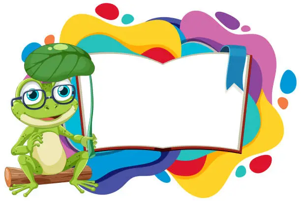 Vector illustration of Cheerful frog presenting an open blank book
