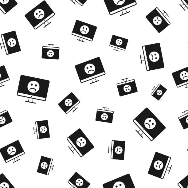 Desktop computer with sad emoji. Seamless pattern. Icons on white background Seamless pattern with a icon of "Desktop computer with sad emoji". Black icon isolated on a blank background. Vector Illustration (EPS file, well layered and grouped). Easy to edit, manipulate, resize or colorize. Vector and Jpeg file of different sizes. background of the sad face black and white stock illustrations