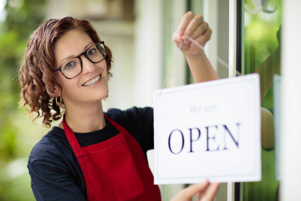istock Cafe opening on first day. Open door sign. 2147681231