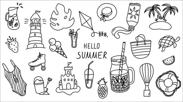 Vector illustration of Hello Summer Doodle Collection Featuring Seasonal Icons and Leisure Activities