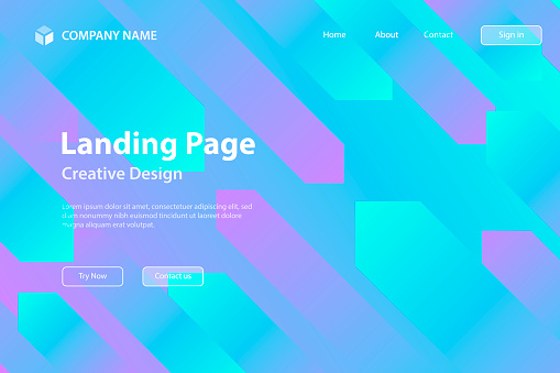 Landing page template for your website. Modern and trendy abstract background with geometric shapes. This illustration can be used for your design, with space for your text (colors used: Turquoise, Blue, Purple, Pink). Vector Illustration (EPS10, well layered and grouped), wide format (3:2). Easy to edit, manipulate, resize or colorize.