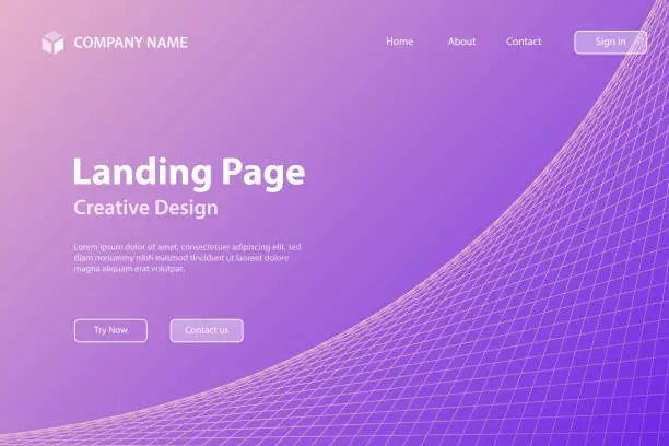 Vector illustration of Landing page Template - Purple geometric background with curved 3D grid