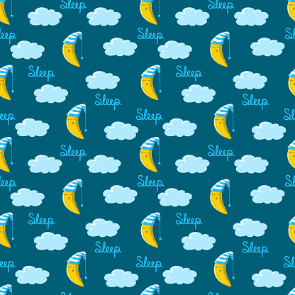 Children is seamless vector pattern with sleeping moon in a night hat on the background of the night sky, among the clouds and the inscription sleeping. Vector illustration eps 10. For childrens textiles, scrap albums, wallpaper for children bedroom.