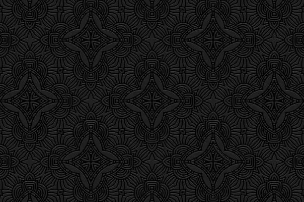 Vector illustration of Embossed black background, tribal cover design. Handmade, boho, doodle, zentagle. Geometric ethnic original 3D pattern. Ornaments, arabesques of the East, Asia, India, Mexico, Aztec.